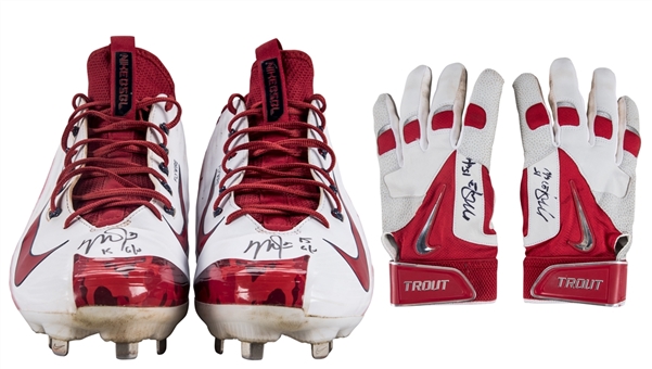 Lot of (2) 2015 Mike Trout Game Used & Signed Nike Cleats & Batting Gloves (Anderson LOA)